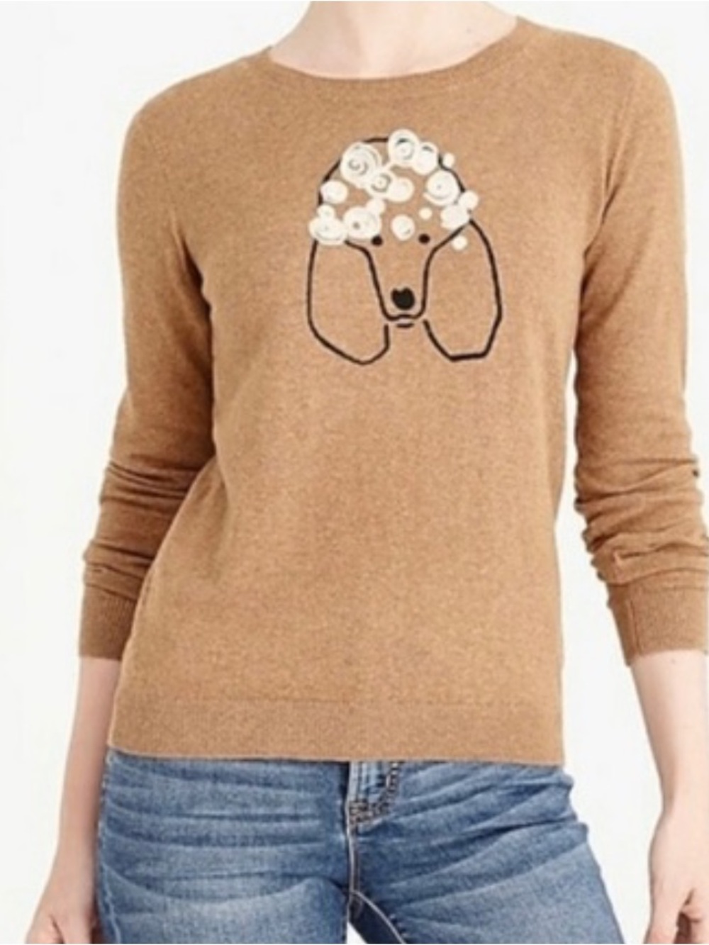 J CREW MERCANTILE 100% Cotton Brown Embroidered Poodle Long Sleeve Sweater M